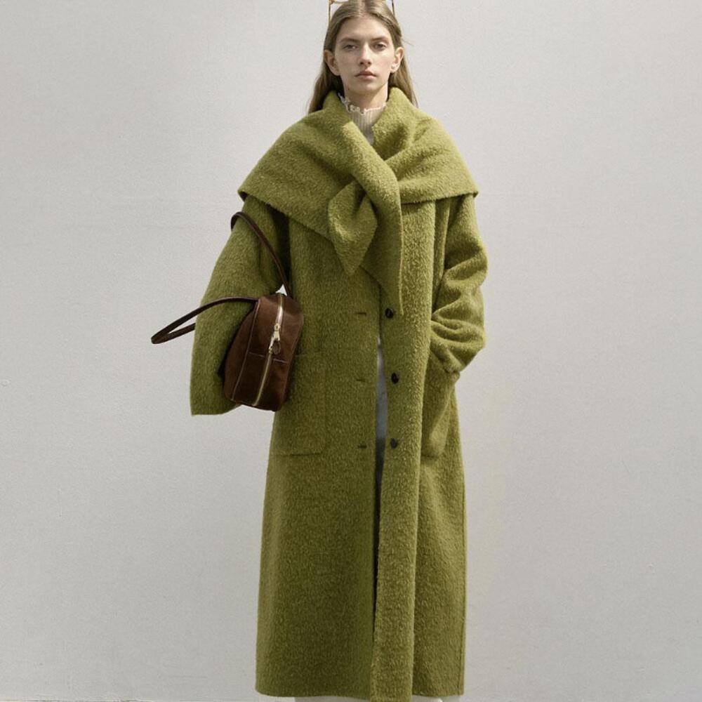 루빌 수리알파카탈부착 머플러코트 핸드메이드하프여성 더블롱울코트 여자오버핏코트