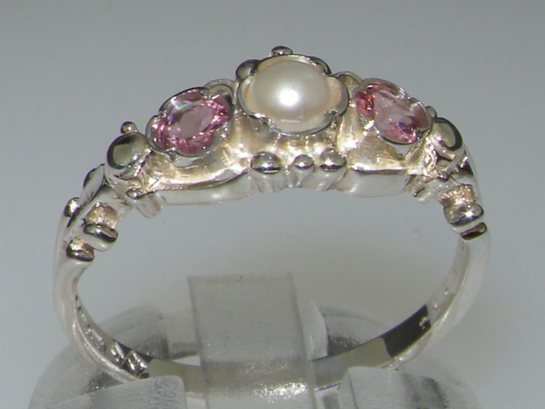 10k White Gold Pearl & Pink Tourmaline Georgian Inspired Trilogy Ring - Customizable 9K, 10k,14K,18K Yellow, Rose or White Gold