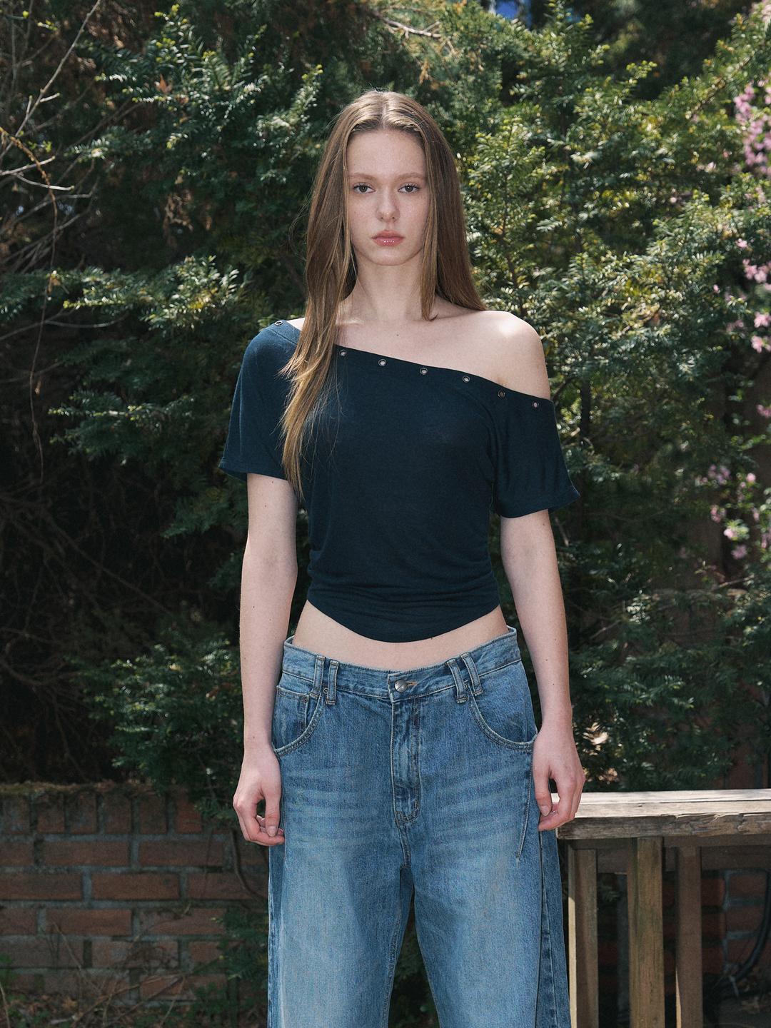 Harry Button Unbal Shirring Short Top (Cool Charcoal)