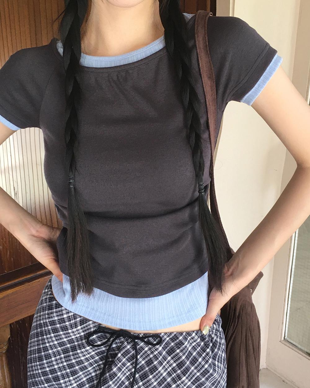 원더원더 앤데 배색 셔링 레이어드 반팔 티셔츠