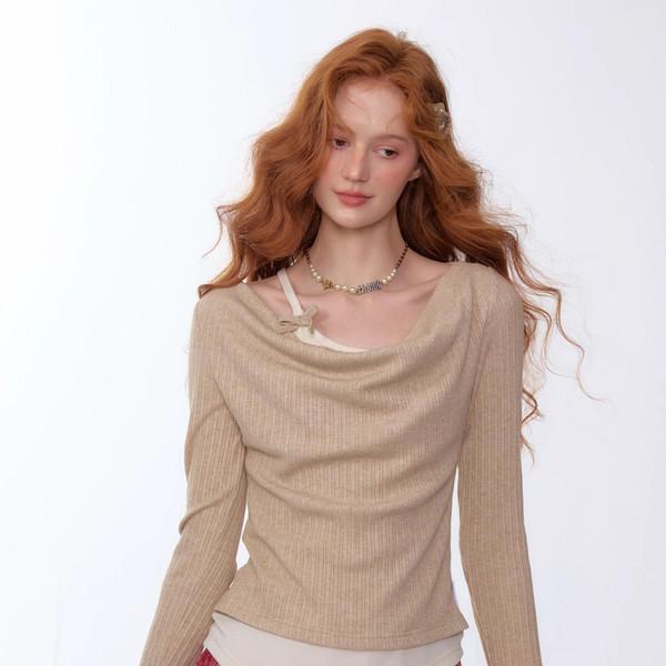 Drape Neck Ribbon Knit Top