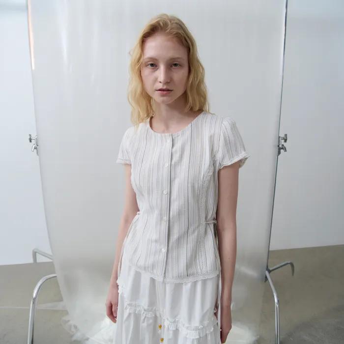 [2차] Mir Striped Lace Detail Blouse (Ivory)