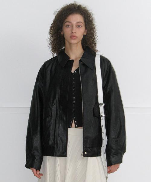 Overfit Leather Blouson Jacket - Black