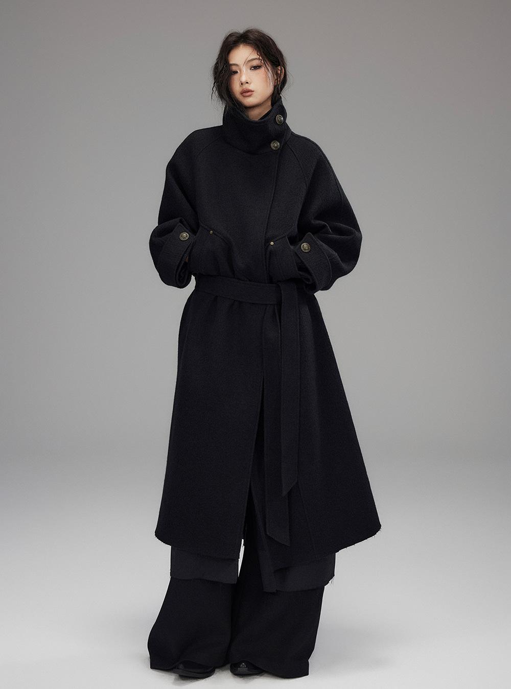 Wool High-Neck Long Coat