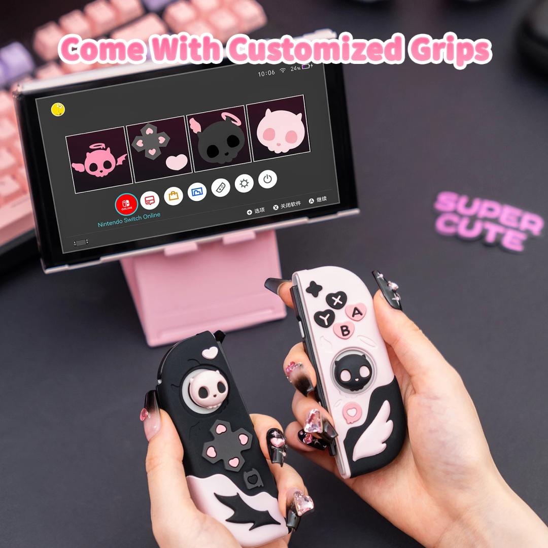 GeekShare 핑크 스컬 실리콘 보호 케이스 및 조이콘 커버, 닌텐도 스위치 및 OLED용, 맞춤형 엄지 그립 1 쌍 포함