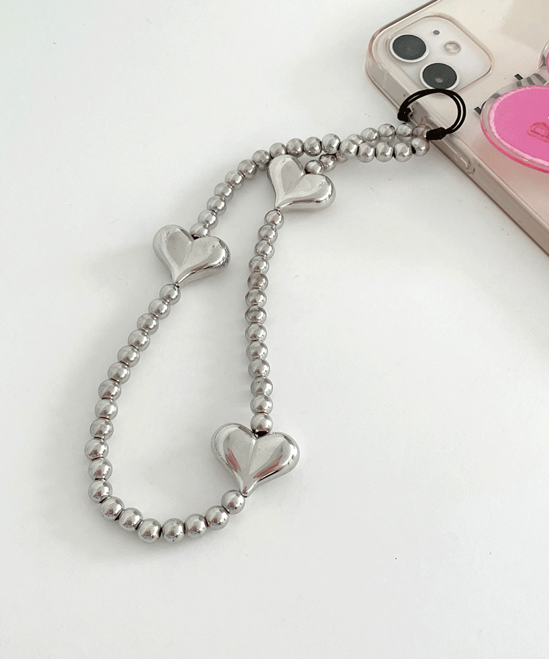 실버 하트 포인트 볼 비즈 스트랩 핸드폰 폰스트랩 키링