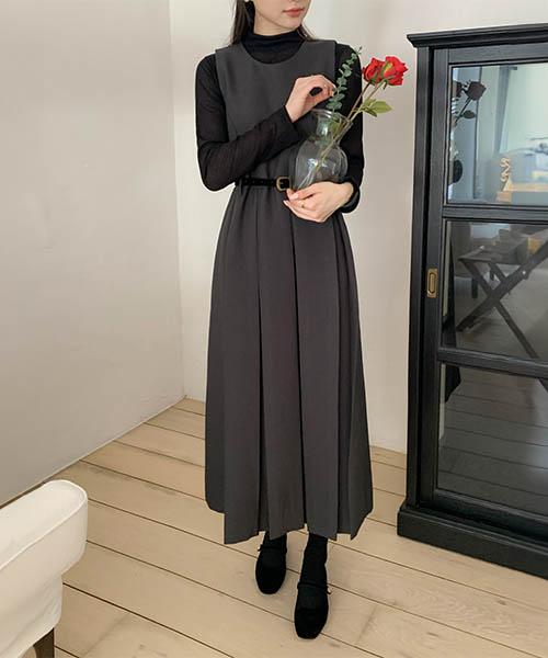 루엣 [🥇1천장/겨울원피스] MADE 인디 라운드넥 레이어드 벨트셋트 플리츠 롱 원피스