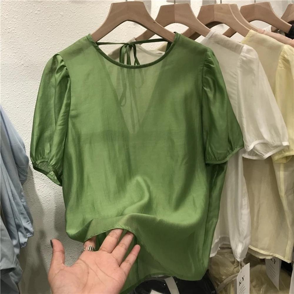 셔츠 여성 라운드넥 반팔 루즈핏 백리스 레이스 슬림 퍼프 슬리브 시스루 쉬폰 블라우스