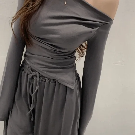 핏/원단최고👍쫀쪼니 모찌 드레이프 셔링 오프 보트넥 언발 사선 티셔츠, 트레이닝 세트가능 4color