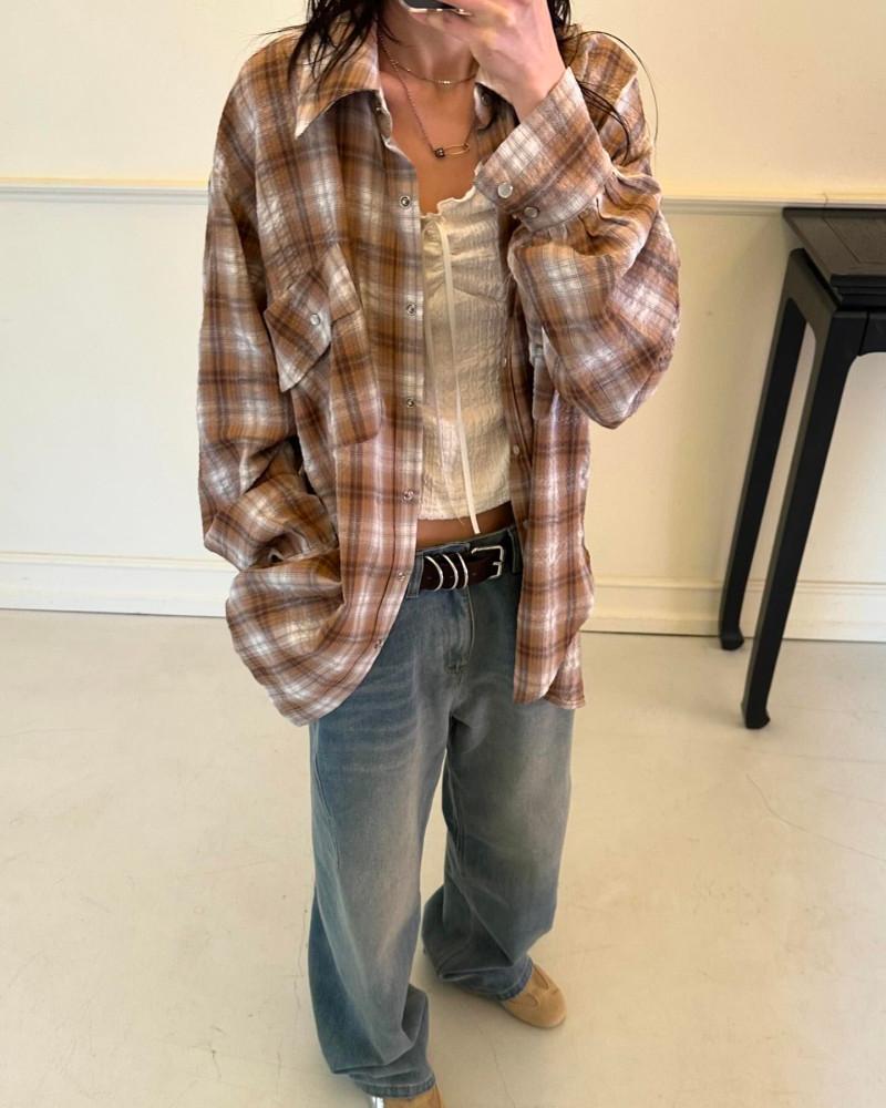 브라운당배) 오버핏 체크 웨스턴 셔츠 - 브라운 네이비