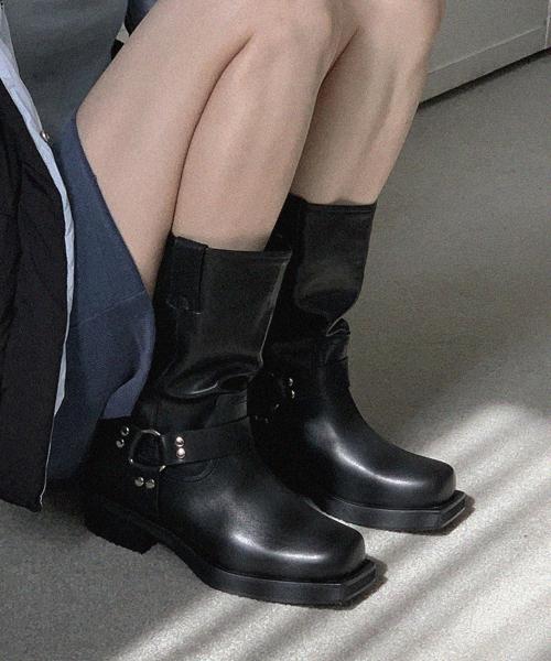 westby belt boots leather 장식 포인트 블랙 4cm