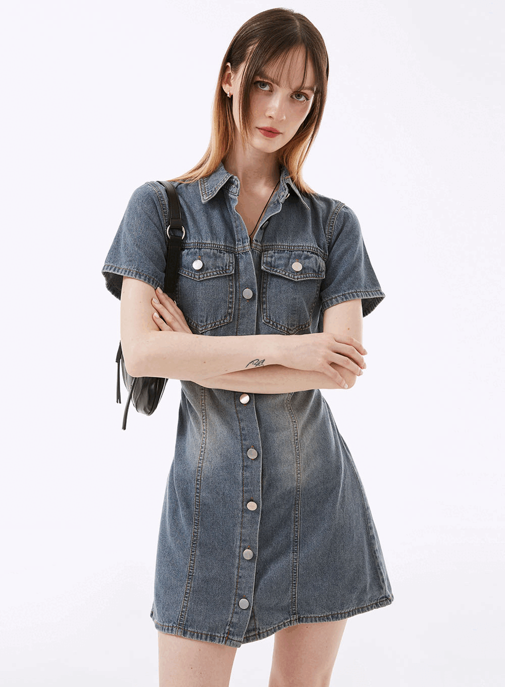 네비 오리브 데님 미니원피스