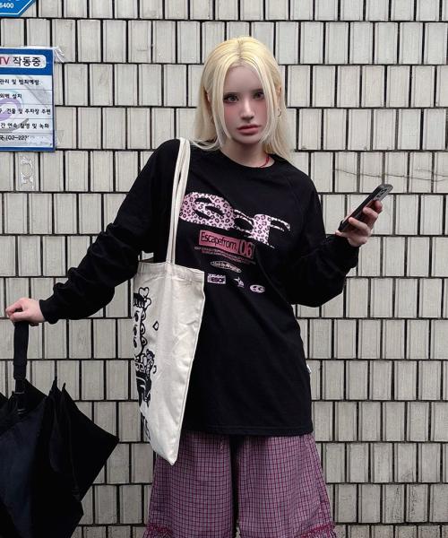 핑크 레오파드 ESCF 로고 콜라주 프린트 롱슬리브 [3color]