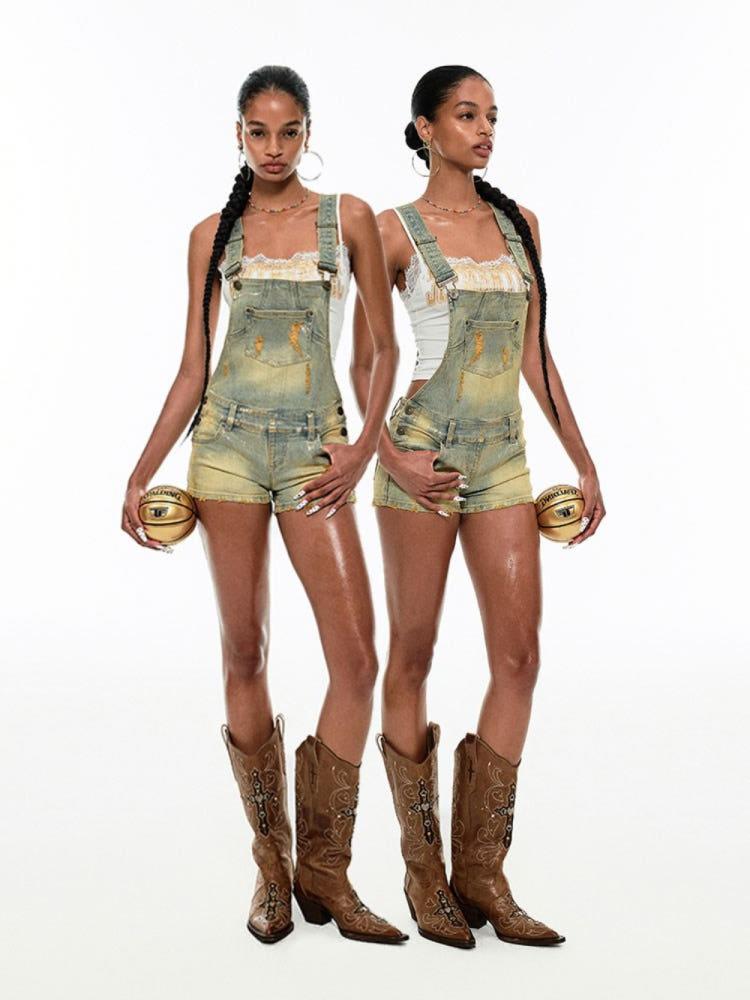 1JINN STUDIO 멜빵바지 데님 워싱 숏팬츠 원진스튜디오