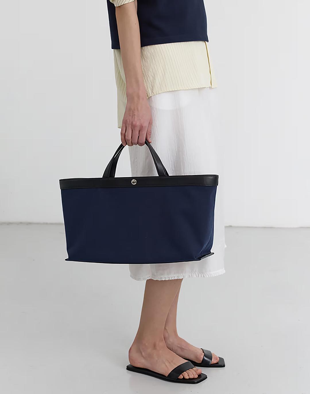 CANVAS LEATHER TOTE BAG NAVY BLACK_UDBA5E213N3