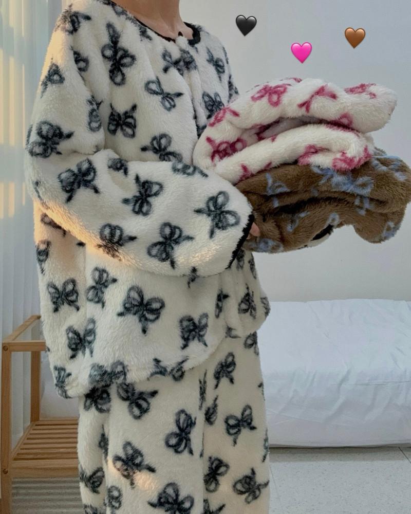 수면 잠옷 극세사 몽글리본 겨울 원피스잠옷 잠옷세트