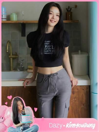 Dazy X KIMYOUJUNG 여성용 웨이스트밴드 디자인 하이웨이스트 플레어 팬츠