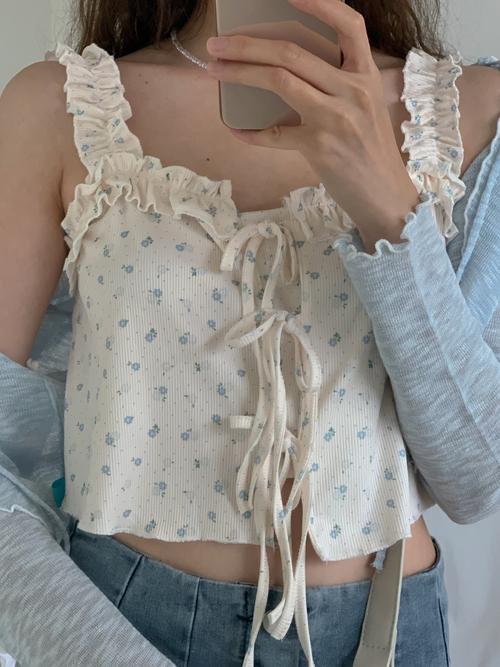 FLORAL FRILL STRAP SLEEVELESS TOP(PINK,SKYBLUE 2COLORS!)