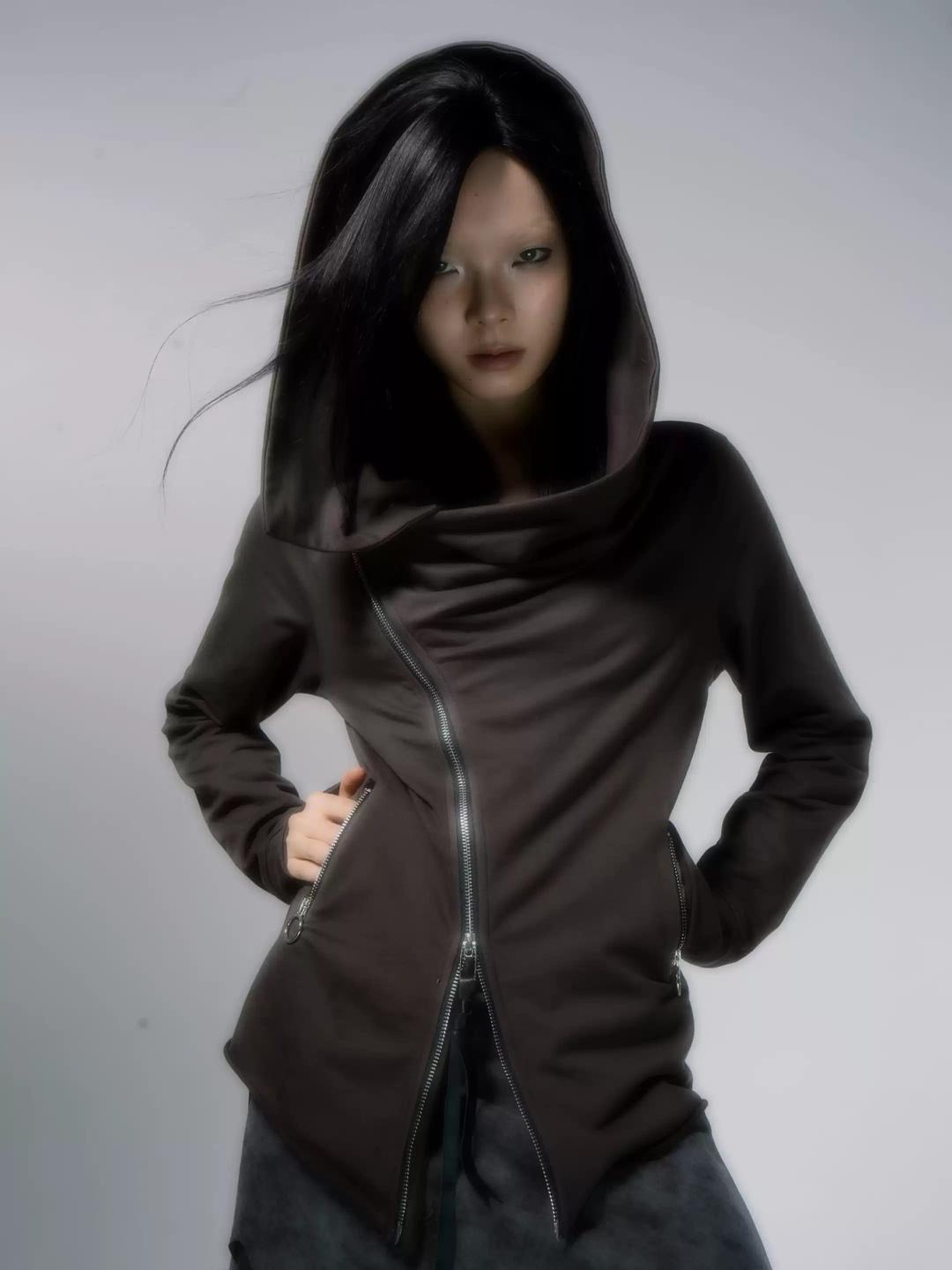SOURSWING Dark gray collar wasteland hooded asymmetrical jacket