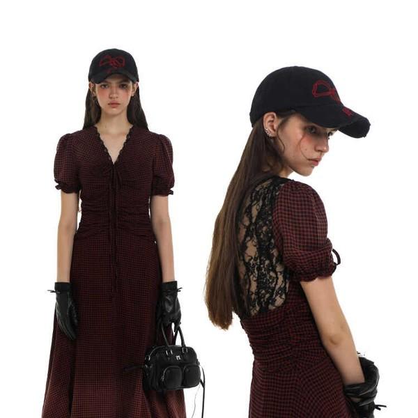 Moromoro Vintage Black Red Checkered Lace Raspberry Bubble Dress