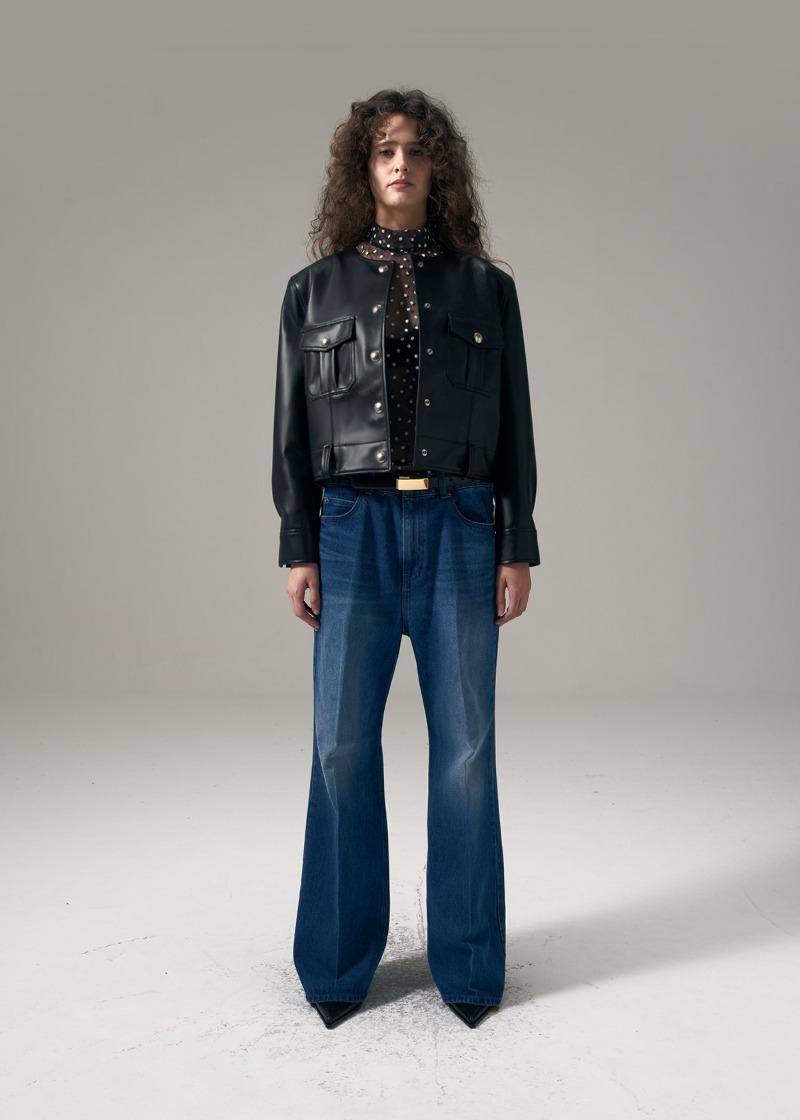 W PURE COLLAR LEATHER JACKET - BLACK