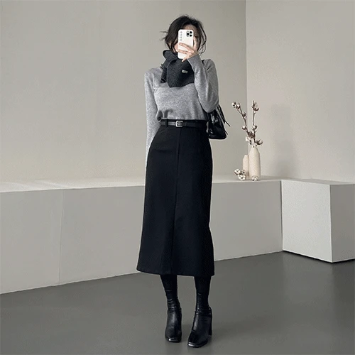 [벨트증정🖤/만능코디템] 가나다란 웨니크 벨트 세트 베이직 뒷트임 H라인 도톰 스웨이드 터치 겨울 모직 하이웨스트 롱 스커트 4color