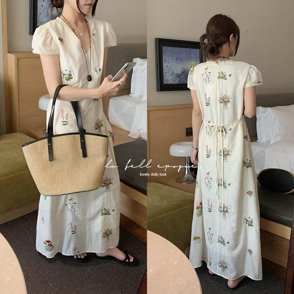 하티 여름 브이넥 슬림 A라인 레이스 플라워 자수 플레어 원피스