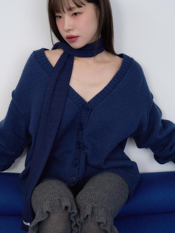 ribbed knit long scarf - navy