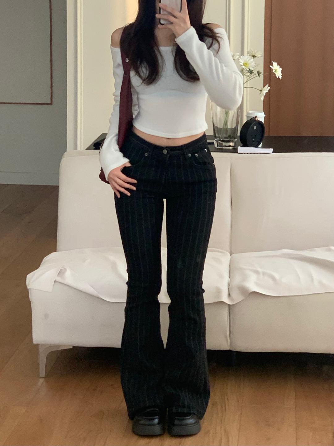 오브더로지 [미친핏♥/허얇골넓] 나이브 스트라이프 부츠컷 팬츠 스판 로우라이즈 (S~L)