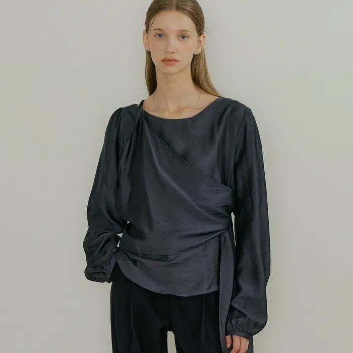 comos 1542 unbalance twisted wrap blouse (charcoal)