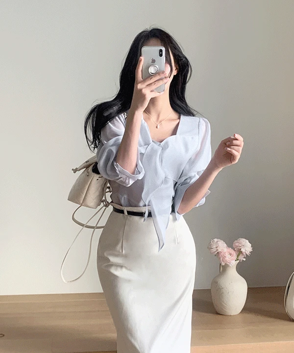 [물먹🫧] 뮤에 허리실루엣 타이 리본 블라우스 - 3color