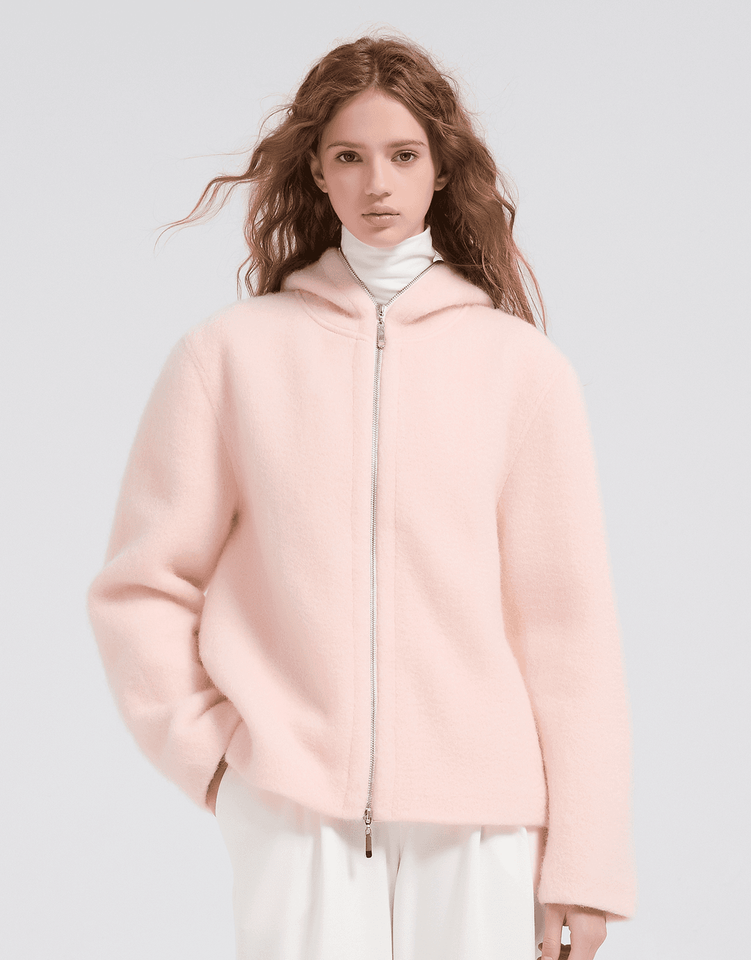 로아린 오버핏 후드 집업 누빔 울코트 핑크