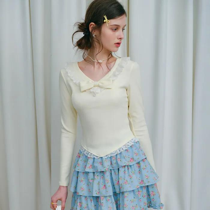 Cest_Ribbon lace slim long sleeve top