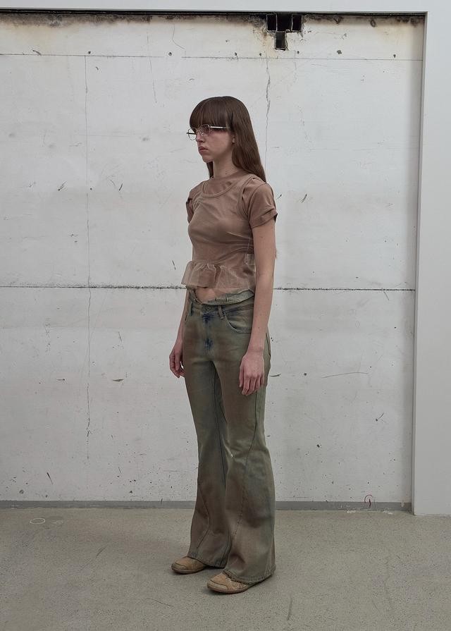 CUT-OUT WAIST WASHED DENIM (SAND GREY)