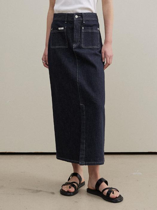 셀비 포켓 슬릿 데님 스커트_BLUE