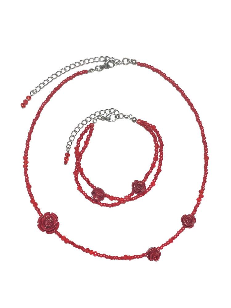 ROSE FIT 비즈 목걸이 팔찌 레드 / 레이어드 파스텔 로즈 장미목걸이 장미팔찌 비즈팔찌 생일선물 시크한 초커목걸이 팔찌세트