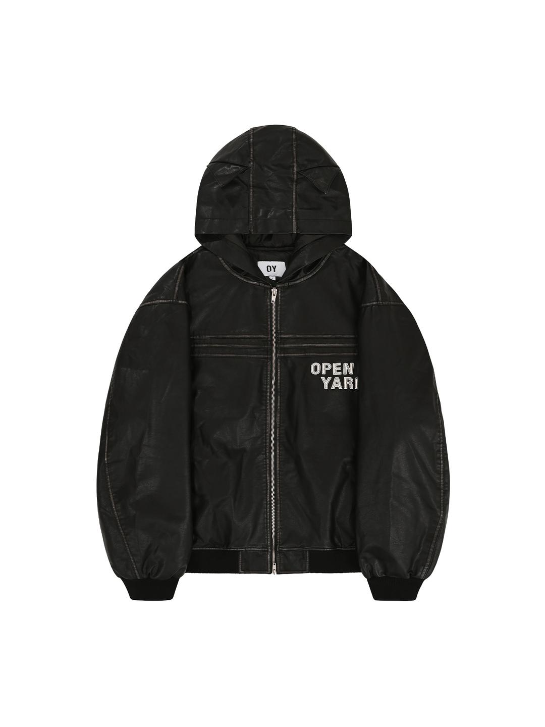 WASHED LEATHER EARS HOODED JACKET - BLACK