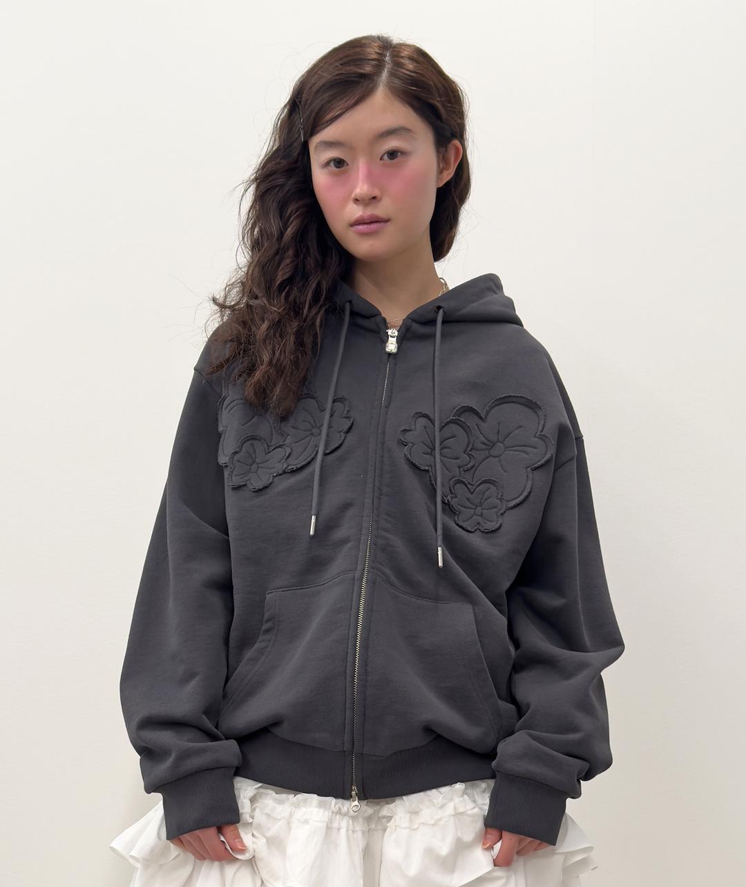 [2차] Flower Appliqué Zip Hoodie [Charcoal]