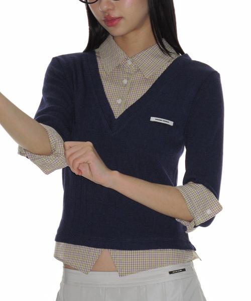 니트 레이어드 체크 셔츠_네이비