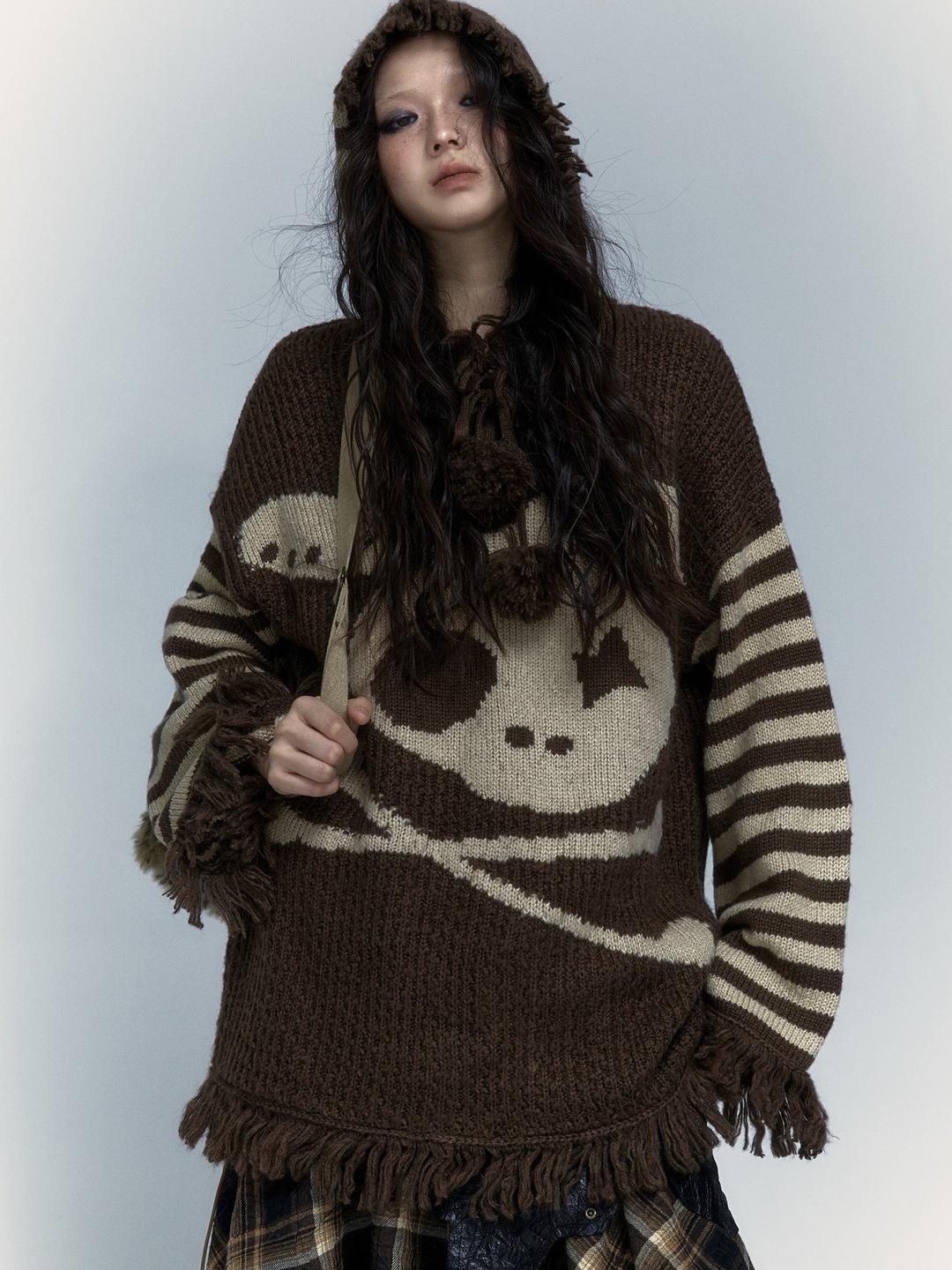 Skull Rabbit Loose Knitted Hooded Pullover