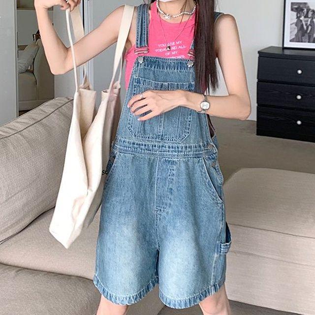 와이드 데님 멜빵 점프수트 멜빵 점프슈트 여성멜빵바지