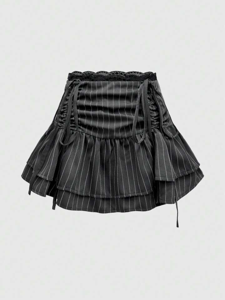 ROMWE Academia Sweet Academy Preppy Style Waistband Pleated Lace & Floral Spliced Mini Cake Skirt For Women (Including Shorts)