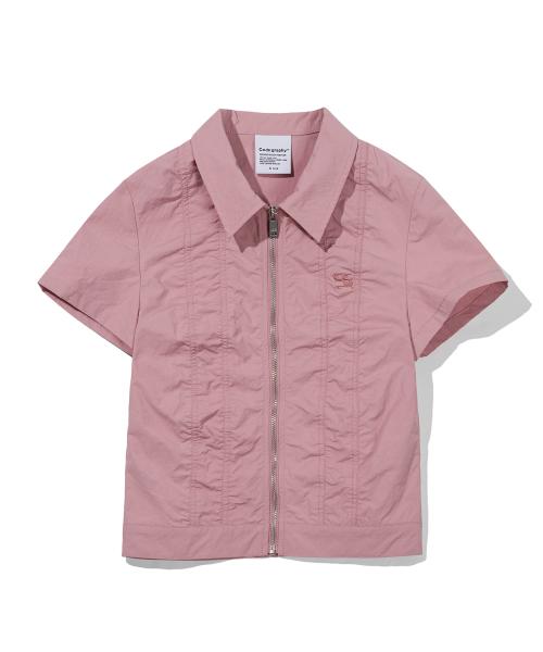 (우먼) 셔링 포인트 화섬 반팔 셔츠_인디핑크