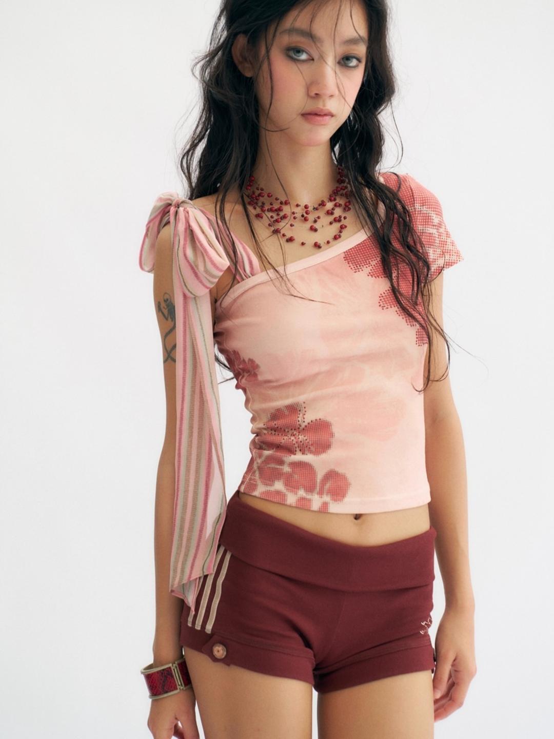 Flowers birds Market Pixel Bloom One-Shoulder Top