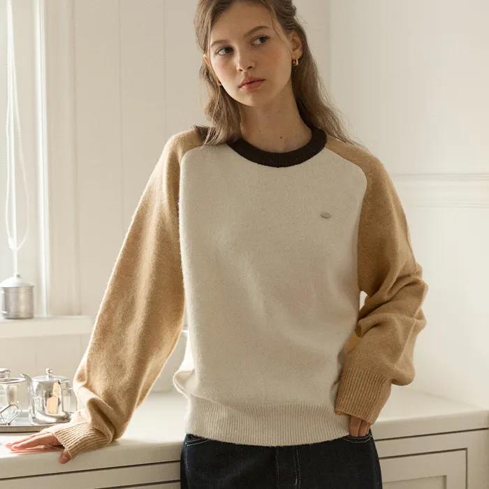 Two-tone Wool Raglan Knit - Beige