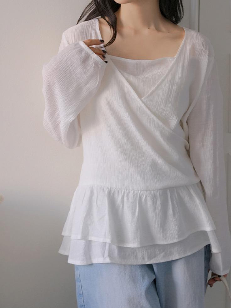 [무료배송] [26SS/이너일체형] [44-120] 프렌이블 랩스타일 프릴 블라우스 (봄-신상-데일리룩-데이트룩-출근룩-여행룩-모던룩-빅사이즈-120사이즈-자체제작-여리핏-랩스타일-투인원-스트랩)