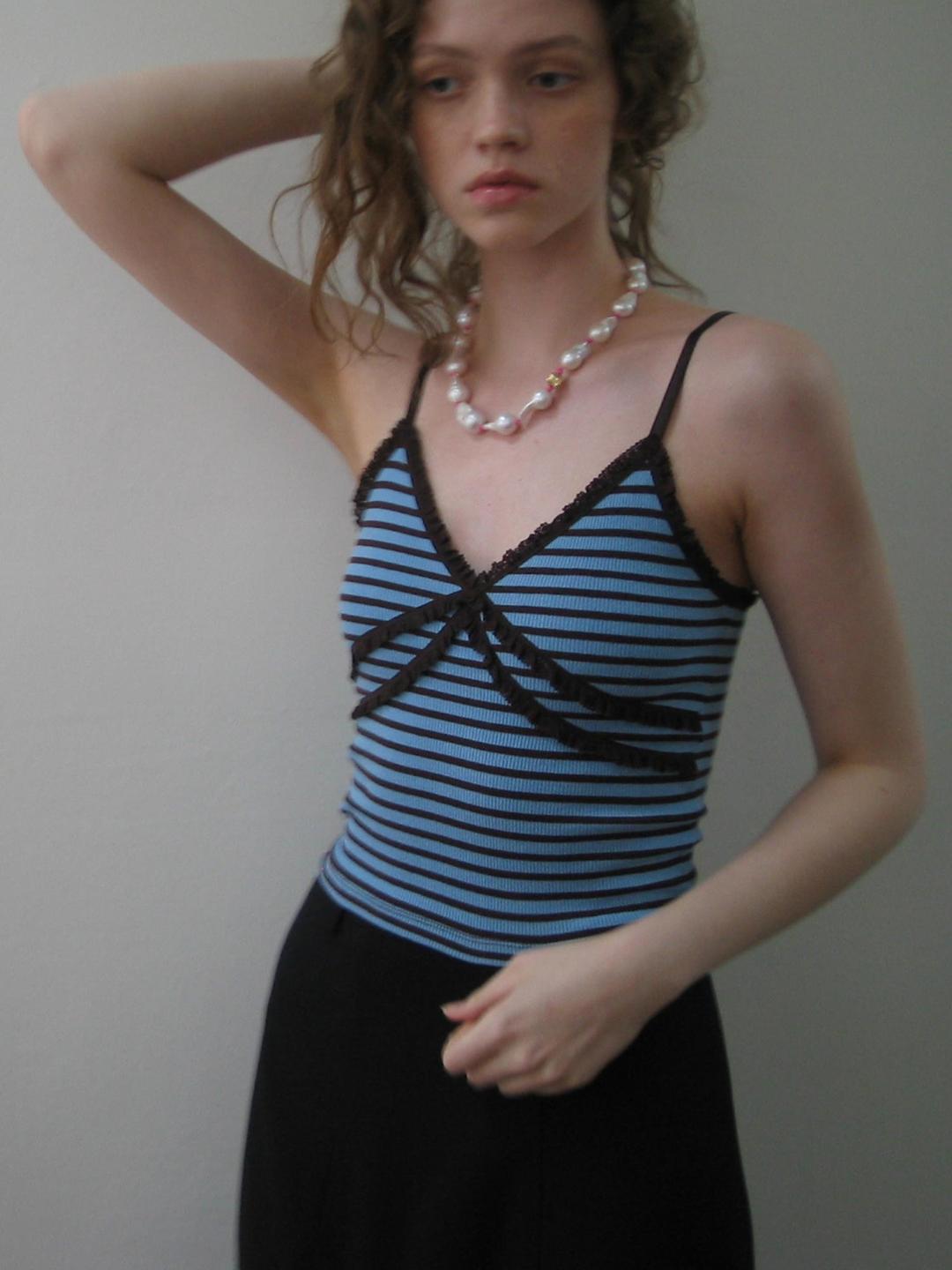 [7차 6월 10일 순차배송] stripe double lace camisole (blue-brown)