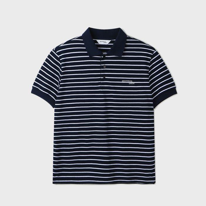 01 M.C UNISEX, Stripe PK Half Shirt / Navy