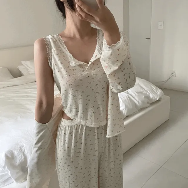 [추천/가디건+상의+긴바지]미니 플라워 쓰리피스 홈웨어 잠옷세트