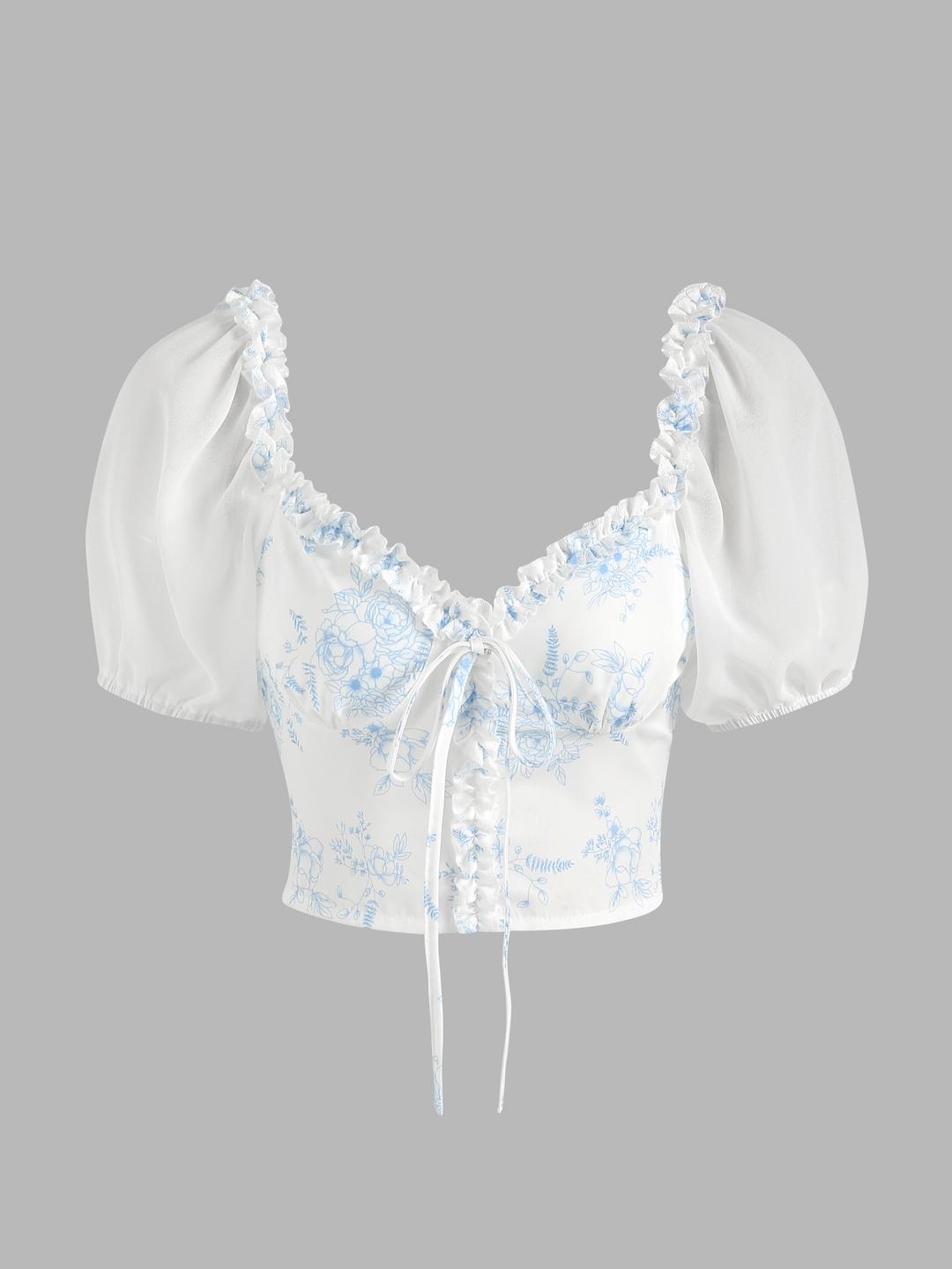 Floral Ruffle Toile de Jouy Crop Top